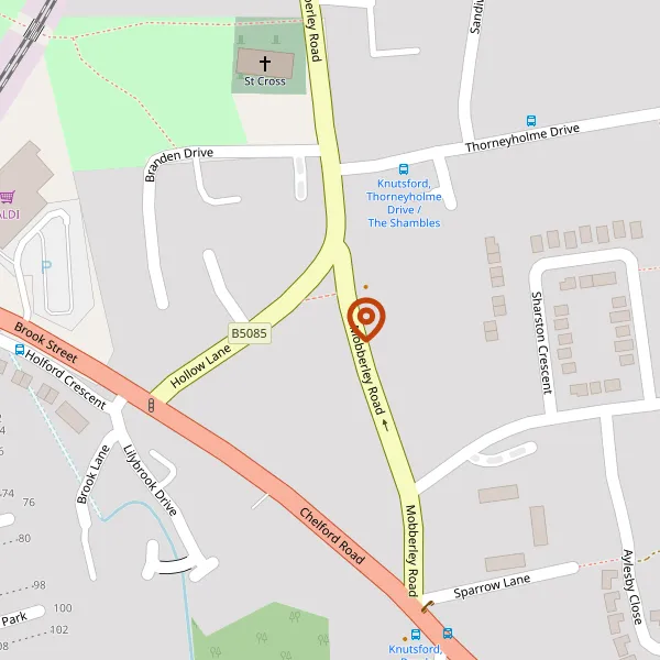 Map showing approximate location: Sunnyhurst, 4, MOBBERLEY ROAD, KNUTSFORD, CHESHIRE, WA16 8EF