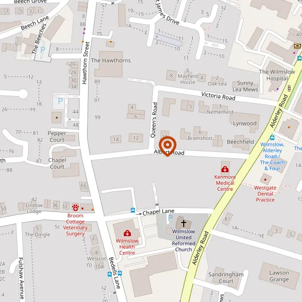 Map showing approximate location: 1, ALBERT ROAD, WILMSLOW, CHESHIRE, SK9 5HT