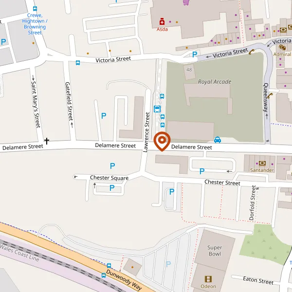Map showing approximate location: The Royal Arcade Crewe, Entrances From Delamere Street And Lawrence Street, Crewe, CW1 2JE