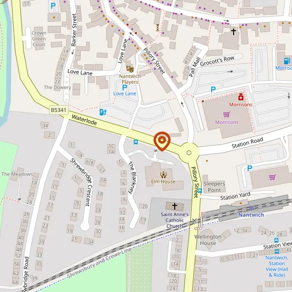 Map showing approximate location: Elm House Residential Care Home, 76, Pillory Street, Nantwich, CW5 5SS