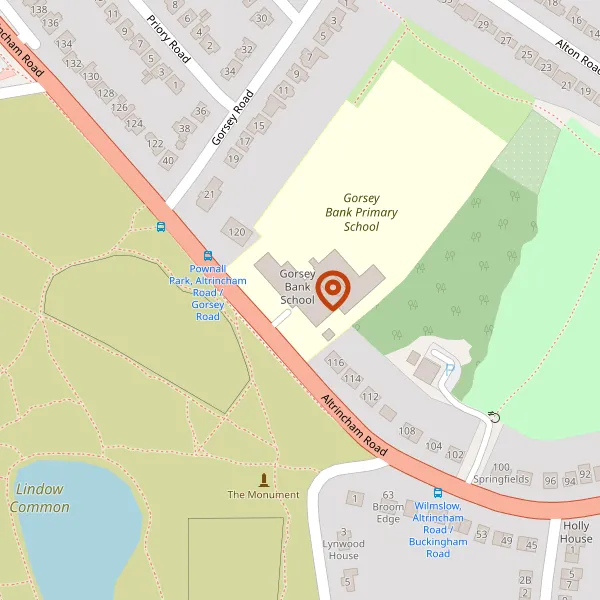 Map showing approximate location: Gorsey Bank Primary School, Altrincham Road, Wilmslow, Ely, Cheshire, SK9 5NQ