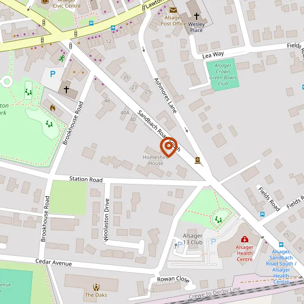 Map showing approximate location: Homeshire House, 36, Sandbach Road South, Alsager, ST7 2LP