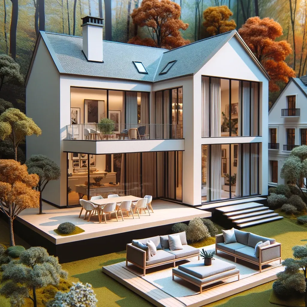 A contemporary house, exterior is off-white, with windows painted in agate gray. In the forefront, a veranda displays modern outdoor sofas for relaxation. Surrounding the house are trees transitioning into their autumnal shades.